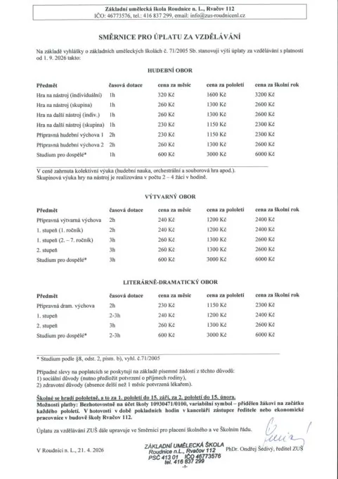 Směrnice pro úplatu za vzdělávání