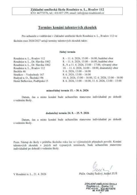 Termíny konání talentových zkoušek